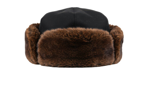 Black ushanka hat with brown fur ear flaps, winter headwear isolated white background