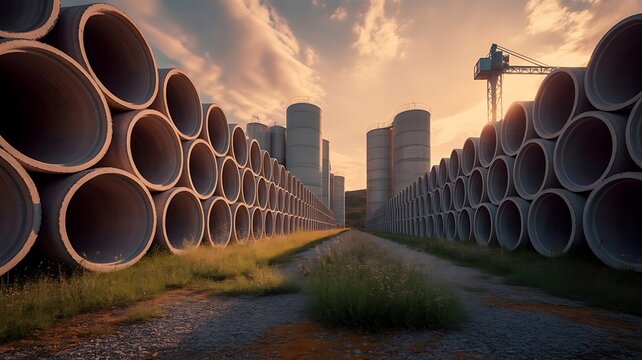Massive concrete drainage pipes stacked in rows at a construction site during sunset with a crane silhouette against the warm evening sky light