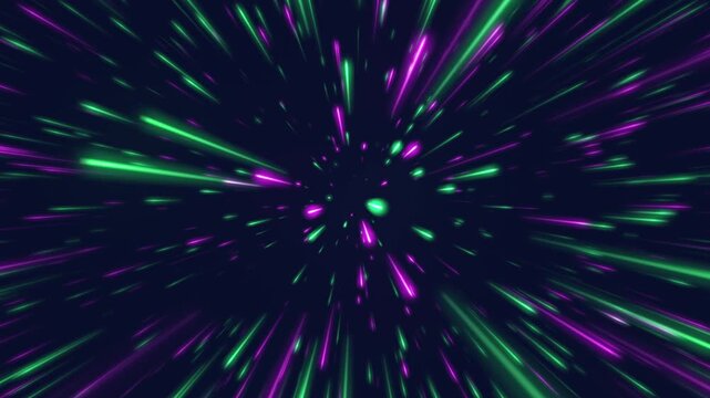 グリーンとパープルのスペイシーなグラフィック　光の筋・高速前進　ループ