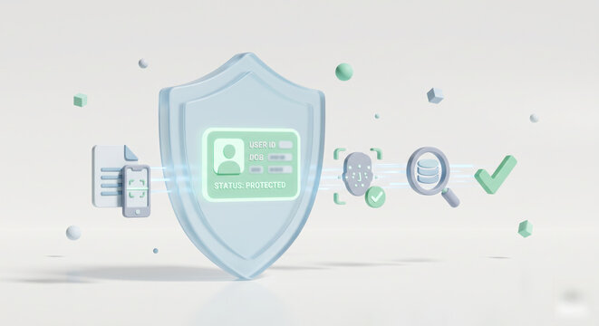 Identity shield graphic for KYC verification, biometric authentication, secure onboarding, and fraud checks.