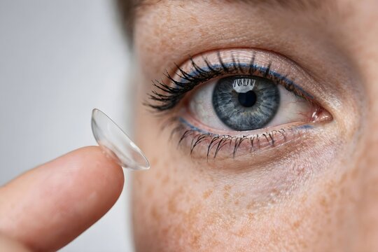 Macro shot of a person&rsquo;s eye with a soft contact lens delicately placed on their fingertip, ready for insertion for better vision and correction