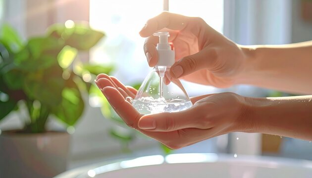 Close-up of a person applying liquid hand sanitizer or soap into palms for hygiene and health protection