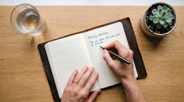 Person writing morning reflections in a journal on a wooden desk.