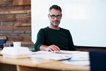 Naklejka premium Glasses, smile and portrait of business man in office for planning, campaign manager and about us. Pride, professional and branding advisor with mature employee in agency for creative and startup