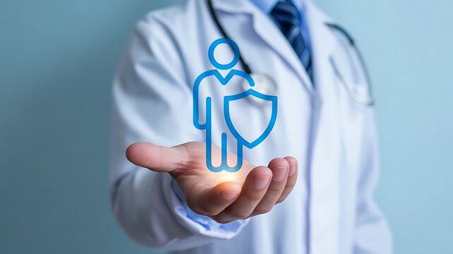 Medical wearing white lab coat holding glowing blue human figure shield representing health insurance and patient protection