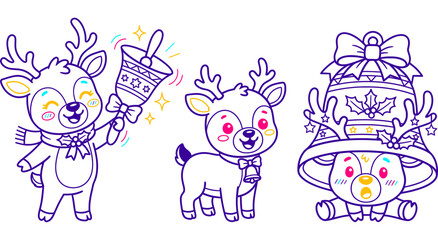 Fototapeta premium Cute cartoon reindeer characters for christmas coloring page illustration with gifts and festive decorations in black and white
