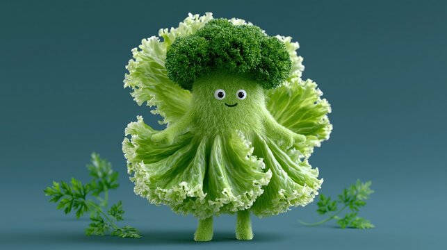Whimsical broccoli character with lettuce skirt dancing during a studio shoot with soft lighting