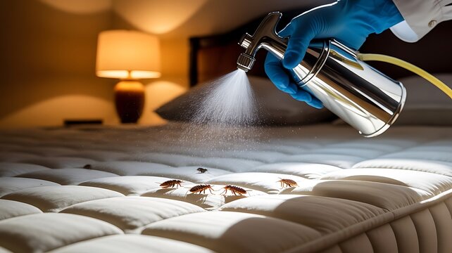 Pest control service using chemical spray bottle to treat bed bugs on white mattress in bedroom with warm lamp light background