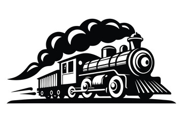 Classic black and white vector illustration of a powerful steam train locomotive moving © Creative Graphic Des