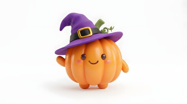 A cute 3d rendered orange pumpkin character wearing a purple witch hat, isolated on white background