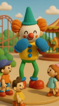 Playful claymation scene of a clown and kids at an amusement park, captured from a low angle, resembling a whimsical stop-motion video. Live mobile wallpaper.