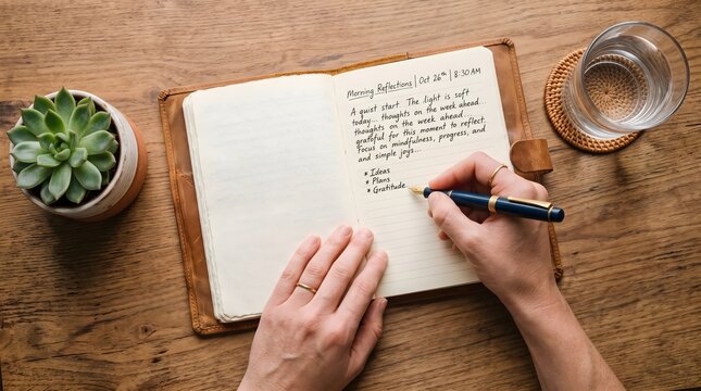 Person writing morning reflections in a leather journal on a wooden desk.