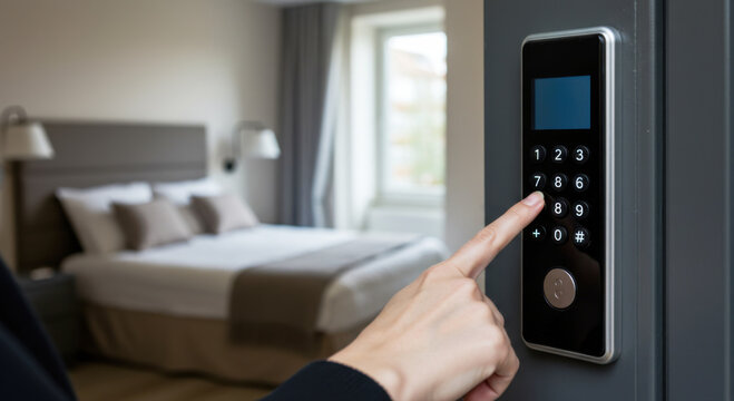Smart lock keypad in modern hotel room