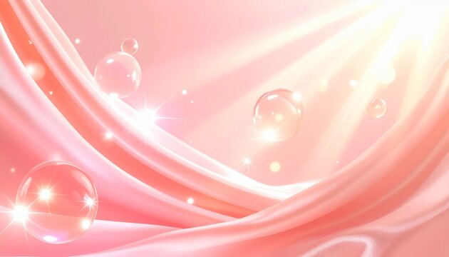 ピンクのサテンの上を透明な美容液の水滴が浮遊するラグジュアリーな美容背景素材、みずみずしい球体と温かな光で潤い、保湿、透明感、ツヤ、美しい肌をイメージしたスキンケア、美容液、セラム、化粧水、フェイスケア、コスメの商品広告や美容LPに使えるジェネレーティブAI