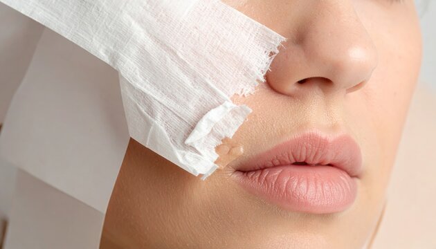 Close Up View of a Woman With Adhesive Gauze Bandage on Her Cheek Post Cosmetic Procedure