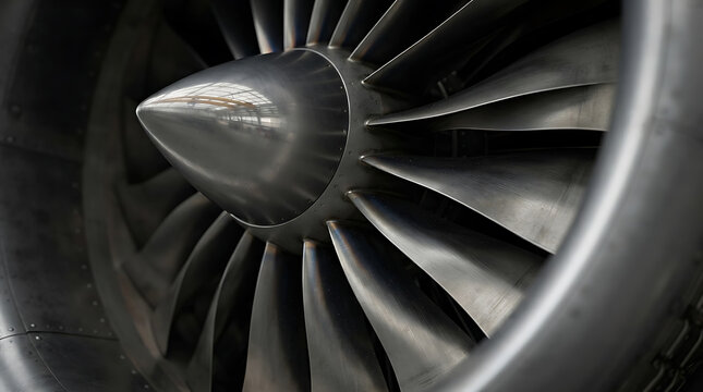 Close up of jet engine turbine blades and aircraft propulsion system fan detail.