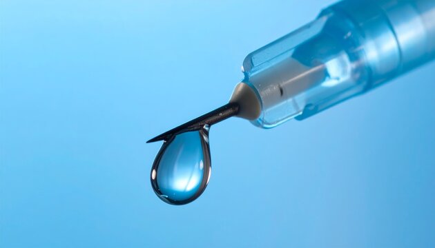 Close-up of a medical syringe with a single drop of liquid on the needle tip for vaccination and healthcare concepts