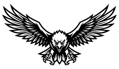 Dynamic flying eagle mascot with spread wings sports emblem black and white vector illustration