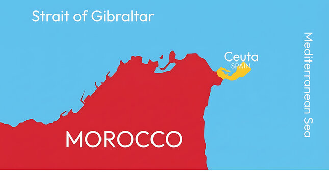 Map illustration of Ceuta Spain and Morocco coastal territory in the Strait of Gibraltar