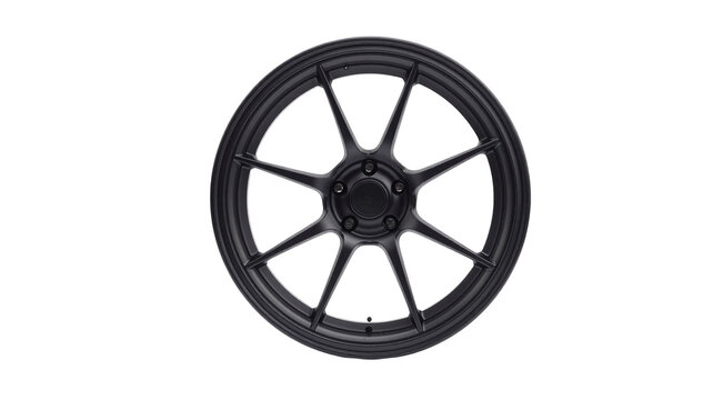 Matte black 7 spoke car rim isolated on white background, modern alloy wheel design