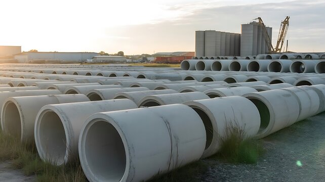 Rows of large cylindrical concrete pipes stacked in an industrial storage yard at sunset with tall silos and a construction crane in background