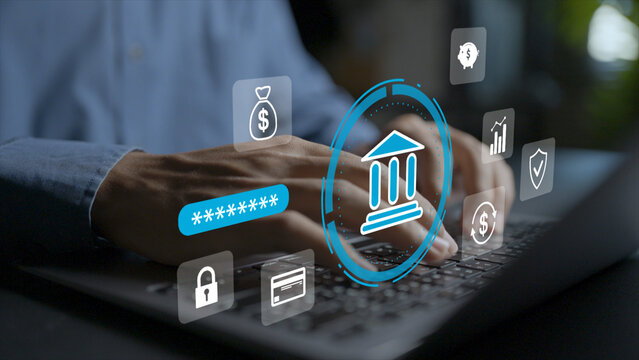 FinTech and digital banking technology concept. Person using laptop with financial data, wallet and transaction icons, automated online payment and corporate banking solution.