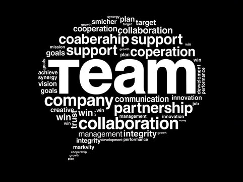 Team word cloud in a speech bubble shape representing business collaboration and partnership.