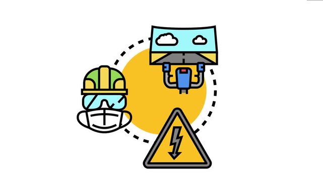 Aviation safety first concept is essential elements like pilot control. A worker wearing protective gear. And a lightning hazard sign
