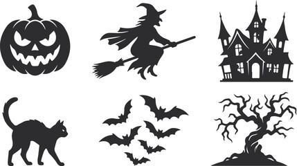 Fototapeta premium A collection of black Halloween themed silhouettes featuring a pumpkin, a flying witch, a haunted house, a black cat, bats, and a spooky tree.