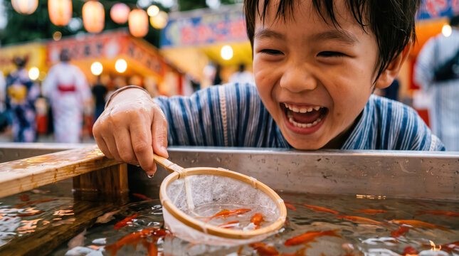 Young Boy Laughing While Catching Goldfish at Night Market
