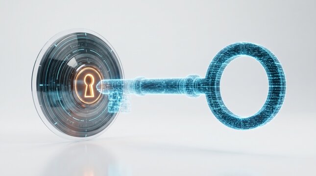 Digital key unlocking futuristic security lock representing cyber protection and data encryption