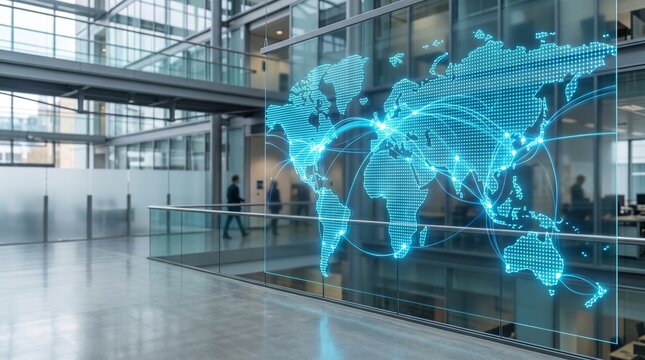 Global digital transformation and network connectivity map in a modern corporate office interior