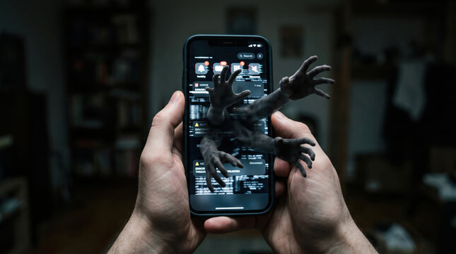 Dark Monster Hands Reaching Out From Smartphone Screen