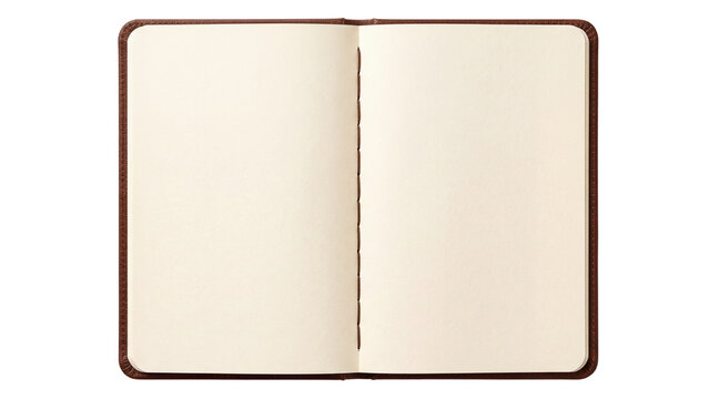 Open blank notebook with brown leather cover and empty pages for writing or sketching, isolated on transparent background