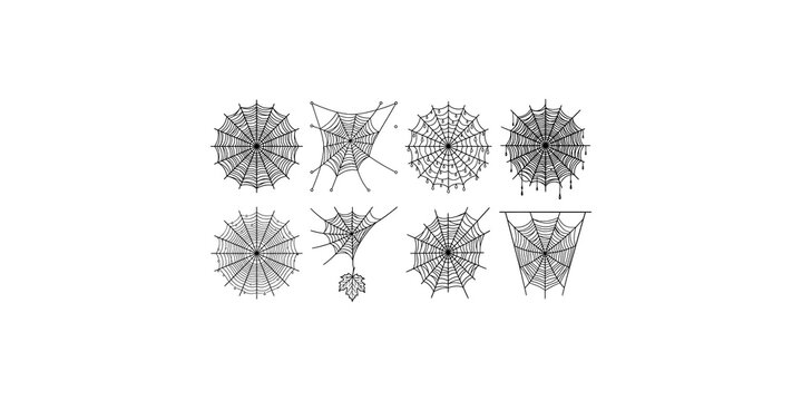 Collection of spooky spider web designs featuring black linear cobwebs for halloween decorations and gothic graphic themes.