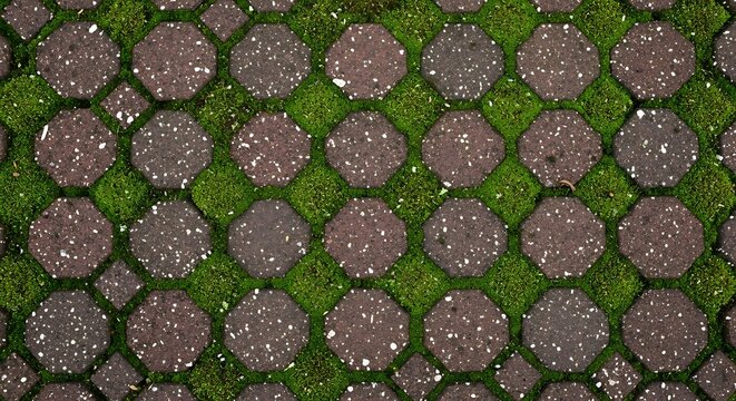 Green grass growing between stone pavers with hexagonal pavement landscaping