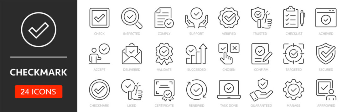 Checkmark line icon set. Editable Stroke. Check, verified, confirm, checklist, accept, check box, check mark, complete - stock vector.