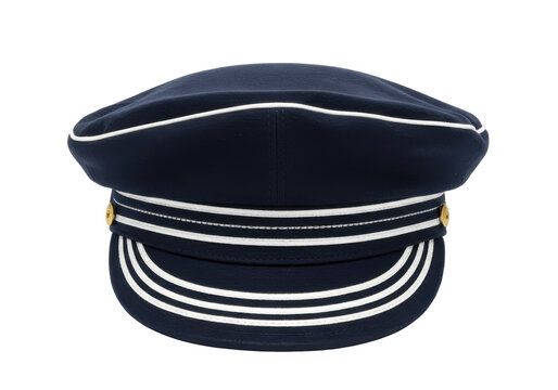 Navy blue sailor cap with white stripes and gold buttons, detailed close-up isolated white background