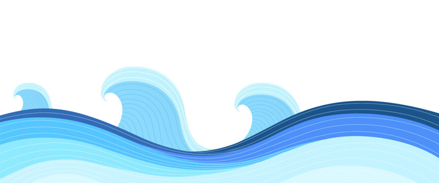 Water waves motion, smooth wave lines. Flowing ocean curves. Blue water rhythm. Abstract sea waves. Dynamic wave flow. Vector illustration