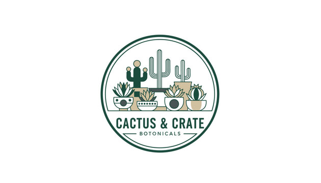 Cactus and Crate Botanicals logo design featuring various potted cacti and succulents inside a green circular frame.