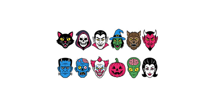 Set of twelve halloween monster faces for horror holiday themed graphic design.