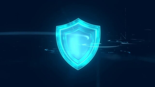 Futuristic glowing blue shield emblem symbolizing digital security and protection against cyber threats and online data breaches