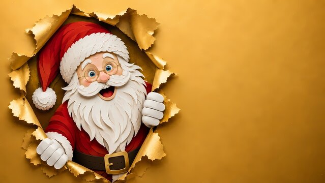 Cheerful Santa Claus peeking through torn paper with festive golden Christmas background