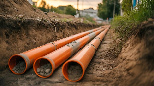 Three orange industrial drainage pipes placed inside a deep trench at a construction site with gravel inside the pipes during a sunny day