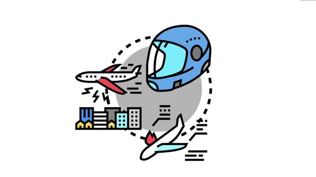 Aviation safety concept showing a pilot helmet protecting against flight emergencies, airplane accidents, and technical issues related to aircraft transportation