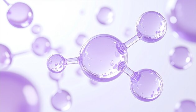 紫色の透明な分子構造が浮かぶスキンケア美容科学イメージ背景素材、ぷるんとした球体とガラスのような透明感で美容成分、潤い、保湿、ツヤを表現した美容液、セラム、化粧水、エッセンス、基礎化粧品、フェイスケア、コスメ広告に使えるジェネレーティブAI