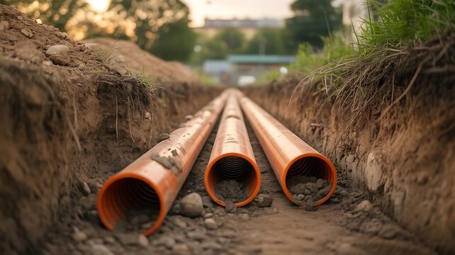 Three orange plastic drainage pipes laid in a deep narrow trench in the ground at a construction site during a bright late afternoon day