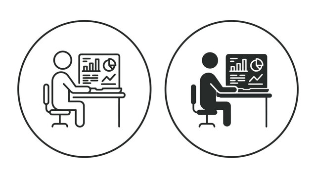 Business data analysis on computer screen icon set with business intelligence