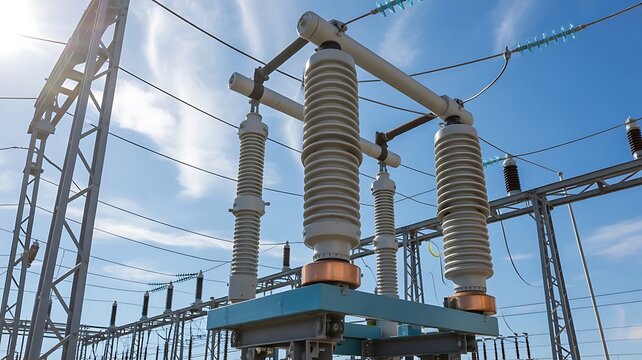 Voltage electrical substation equipment with ceramic insulators and metal structures against a clear blue sky on a sunny summer afternoon