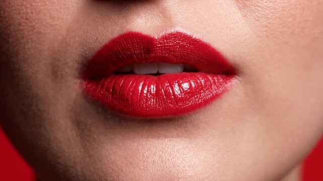 Detailed view of a woman's lips adorned with glossy red lipstick, speaking and revealing her perfect white teeth.